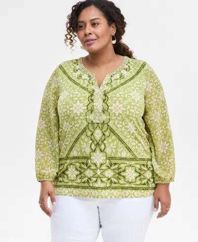 Jm Collection Plus Size Printed Embellished Top, Exclusively At Macy's In Green