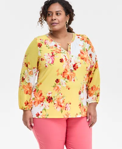 Jm Collection Plus Size Printed Embellished Top, Exclusively At Macy's In Neutral