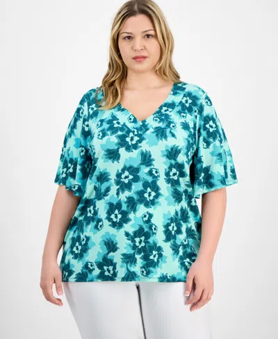 Jm Collection Plus Size Printed Flared-sleeve V-neck Top, Exclusively At Macy's
