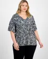 Jm Collection Plus Size Printed Flared-sleeve V-neck Top, Exclusively At Macy's In Black