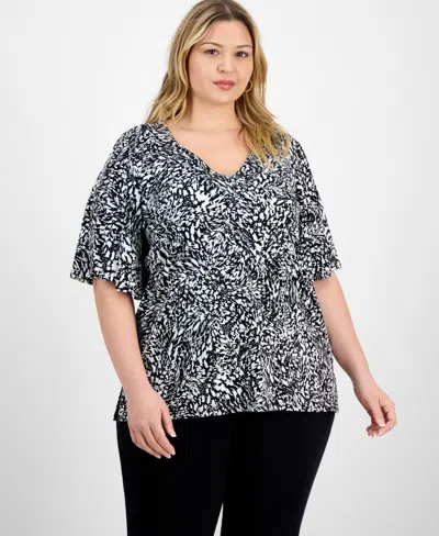 Jm Collection Plus Size Printed Flared-sleeve V-neck Top, Exclusively At Macy's In Black