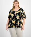 Jm Collection Plus Size Printed Flared-sleeve V-neck Top, Exclusively At Macy's In Black