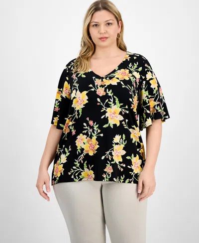 Jm Collection Plus Size Printed Flared-sleeve V-neck Top, Exclusively At Macy's In Black