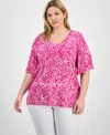 Jm Collection Plus Size Printed Flared-sleeve V-neck Top, Exclusively At Macy's In Pink