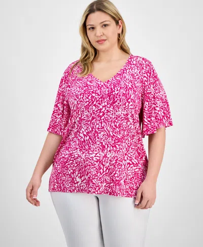 Jm Collection Plus Size Printed Flared-sleeve V-neck Top, Exclusively At Macy's In Pink
