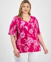 Jm Collection Plus Size Printed Flared-sleeve V-neck Top, Exclusively At Macy's In Pink