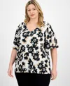 Jm Collection Plus Size Printed Flared-sleeve V-neck Top, Exclusively At Macy's In White