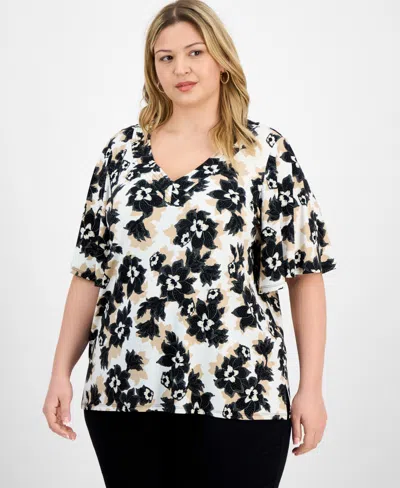 Jm Collection Plus Size Printed Flared-sleeve V-neck Top, Exclusively At Macy's In White
