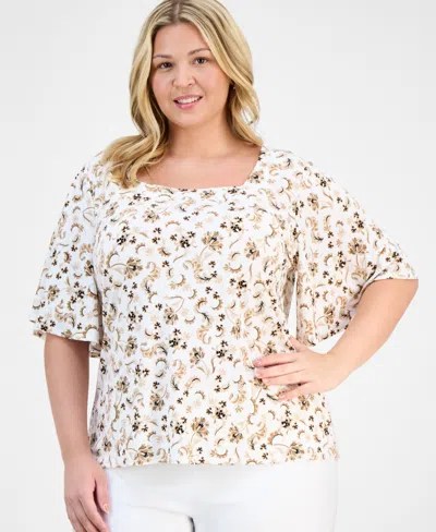 Jm Collection Plus Size Printed Flutter-sleeve Top, Exclusively At Macy's