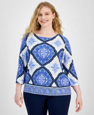 Jm Collection Plus Size Printed Jacquard 3/4-sleeve Top, Created For Macy's In Demure Blue Combo