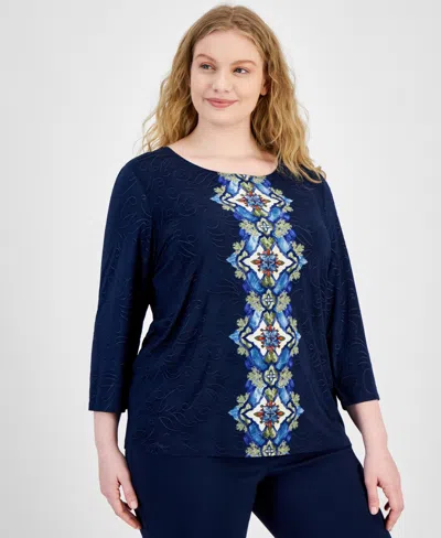 Jm Collection Plus Size Printed Jacquard 3/4-sleeve Top, Created For Macy's In Intrepid Blue Combo