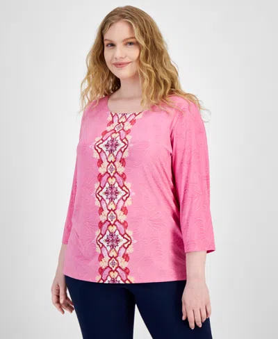 Jm Collection Plus Size Printed Jacquard 3/4-sleeve Top, Created For Macy's In Phinox Pink Combo