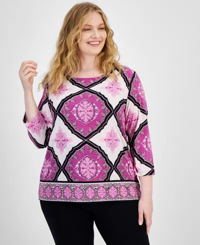 Jm Collection Plus Size Printed Jacquard 3/4-sleeve Top, Created For Macy's In Brown