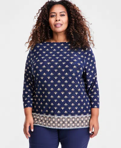 Jm Collection Plus Size Printed Jacquard 3/4-sleeve Top, Macy's Exclusive In Blue