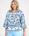JM COLLECTION PLUS SIZE PRINTED JACQUARD BLOUSE, EXCLUSIVELY AT MACY'S