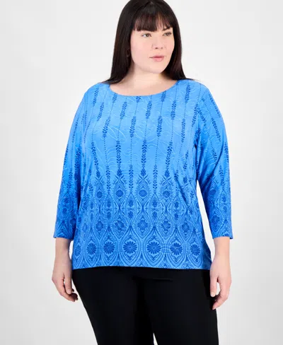 Jm Collection Plus Size Printed Jacquard Scoop-neck Top, Exclusively At Macy's In Spa Blue Combo