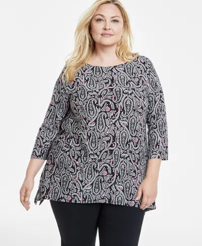 Jm Collection Plus Size Printed Jacquard Swing Top, Exclusively At Macy's In Deep Black