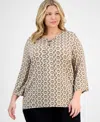 JM COLLECTION PLUS SIZE PRINTED LACE-UP SPLIT-NECK TOP, EXCLUSIVELY AT MACY'S