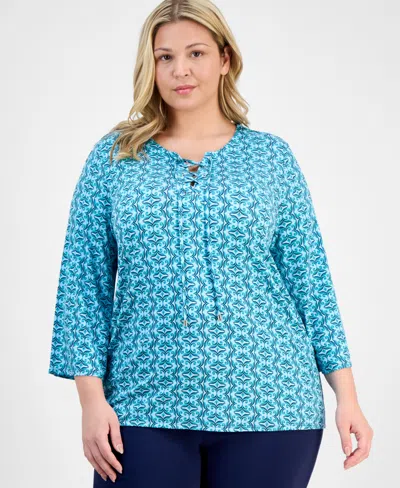 Jm Collection Plus Size Printed Lace-up Split-neck Top, Exclusively At Macy's