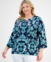 Jm Collection Plus Size Printed Lace-up Split-neck Top, Exclusively At Macy's