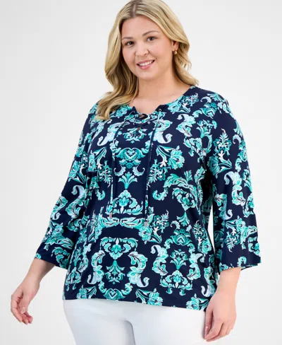 Jm Collection Plus Size Printed Lace-up Split-neck Top, Exclusively At Macy's
