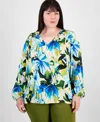 Jm Collection Plus Size Printed Long-sleeve Top, Exclusively At Macy's In Beige Cream