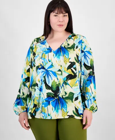 Jm Collection Plus Size Printed Long-sleeve Top, Exclusively At Macy's In Beige Cream