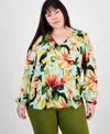 Jm Collection Plus Size Printed Long-sleeve Top, Exclusively At Macy's In Teal Spark
