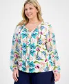 Jm Collection Plus Size Printed Mixed-media Top, Exclusively At Macy's