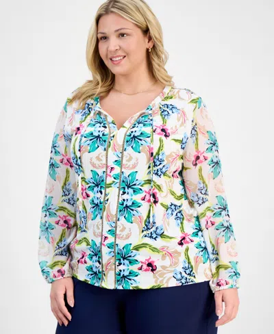 Jm Collection Plus Size Printed Mixed-media Top, Exclusively At Macy's