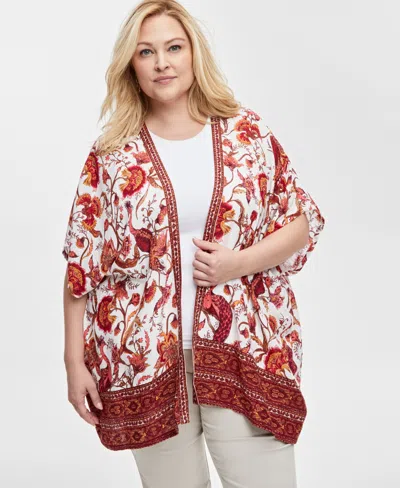 Jm Collection Plus Size Printed Open-front Kimono Top, Created For Macy's In Crema Combo