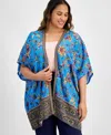 Jm Collection Plus Size Printed Open-front Kimono Top, Created For Macy's In Indgo Bunt