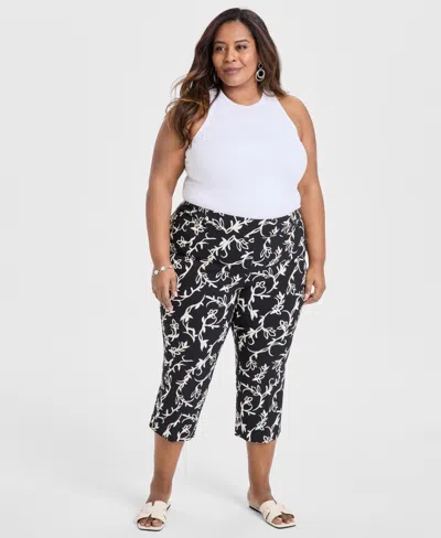 Jm Collection Plus Size Printed Rivet Capri Pants, Exclusively At Macy's In Deep Black
