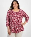 Jm Collection Plus Size Printed Scoop-neck 3/4-sleeve Top In Multi