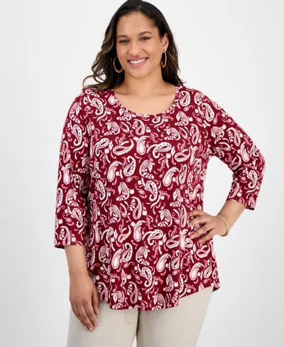 Jm Collection Plus Size Printed Scoop-neck 3/4-sleeve Top In Multi
