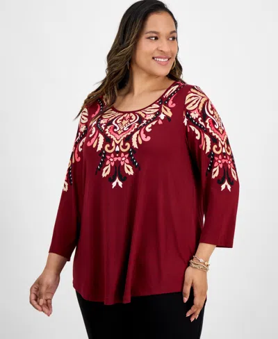 Jm Collection Plus Size Printed Scoop-neck 3/4-sleeve Top, Exclusively At Macy's In Red