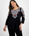 Jm Collection Plus Size Printed Scoop-neck 3/4-sleeve Top, Exclusively At Macy's In Black