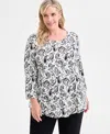 Jm Collection Plus Size Printed Scoop-neck 3/4-sleeve Top In White