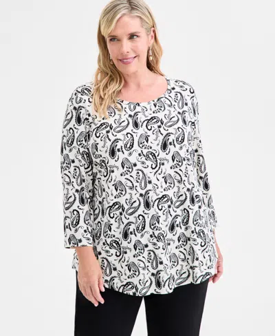 Jm Collection Plus Size Printed Scoop-neck 3/4-sleeve Top In White