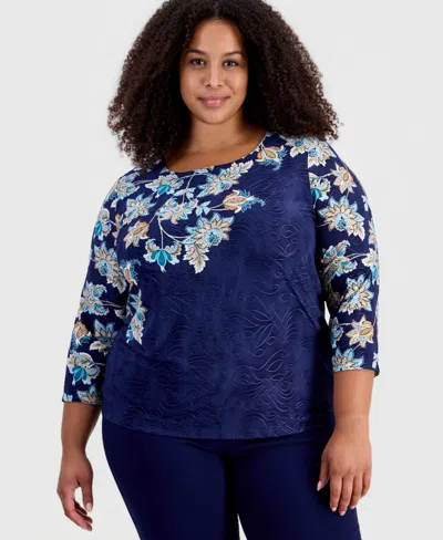 Jm Collection Plus Size Printed Scoop Neck 3/4-sleeve T-shirt, Macy's Exclusive In Blue