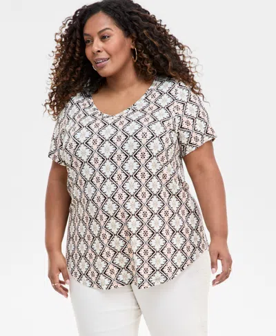 Jm Collection Plus Size Printed Scoop-neck Top, Exclusively At Macy's In Deep Black