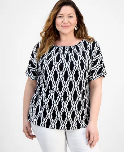 Jm Collection Plus Size Printed Shirred Tee, Exclusively At Macy's In Black