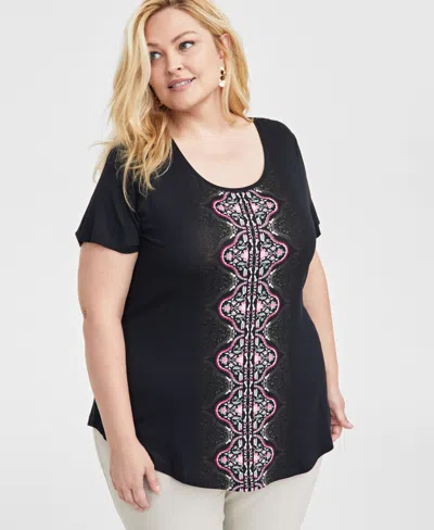 Jm Collection Plus Size Printed Short Sleeve Top, Exclusively At Macy's In Deep Black