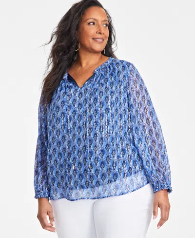 Jm Collection Plus Size Printed Split-neck Blouse, Exclusively At Macy's In Intrepid Blue