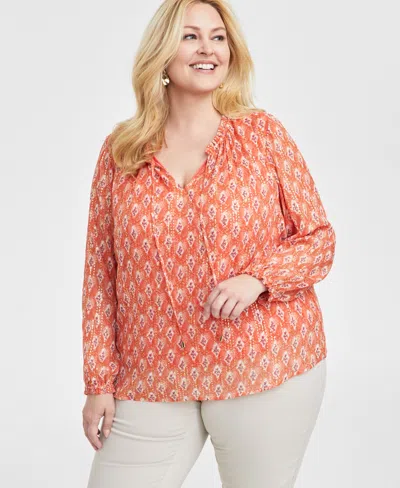 Jm Collection Plus Size Printed Split-neck Blouse, Exclusively At Macy's In Sunlight Copper