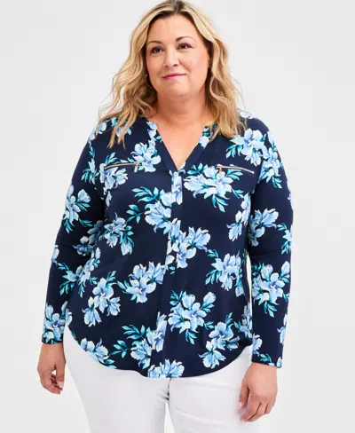 Jm Collection Plus Size Printed Split-neck Long-sleeve Top, Macy's Exclusive In Blue