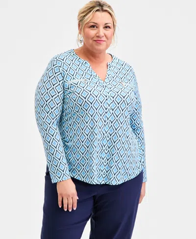 Jm Collection Plus Size Printed Split-neck Long-sleeve Top, Macy's Exclusive In Blue