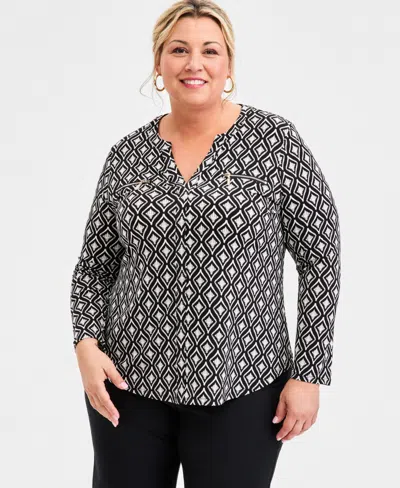 Jm Collection Plus Size Printed Split-neck Long-sleeve Top, Macy's Exclusive In Black