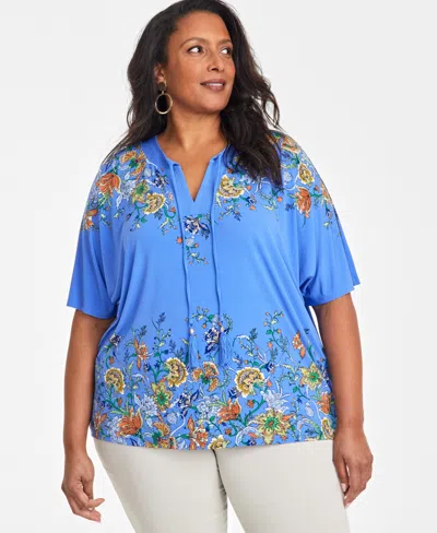 Jm Collection Plus Size Printed Split-neck Top, Exclusively At Macy's In Blue Illusion