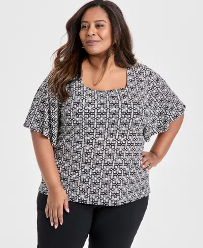 Jm Collection Plus Size Printed Square-neck Short-sleeve Top, Exclusively At Macy's In Deep Black Combo